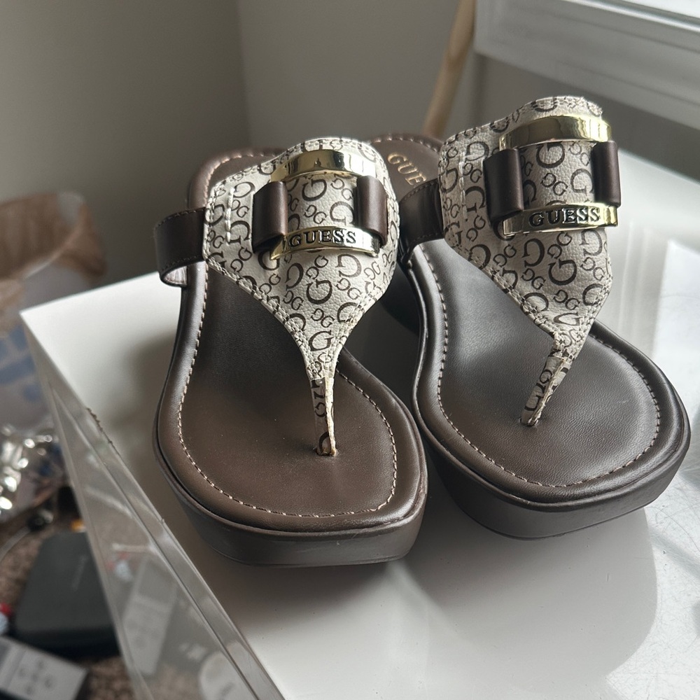 Guess Brown and White Logo Sandals